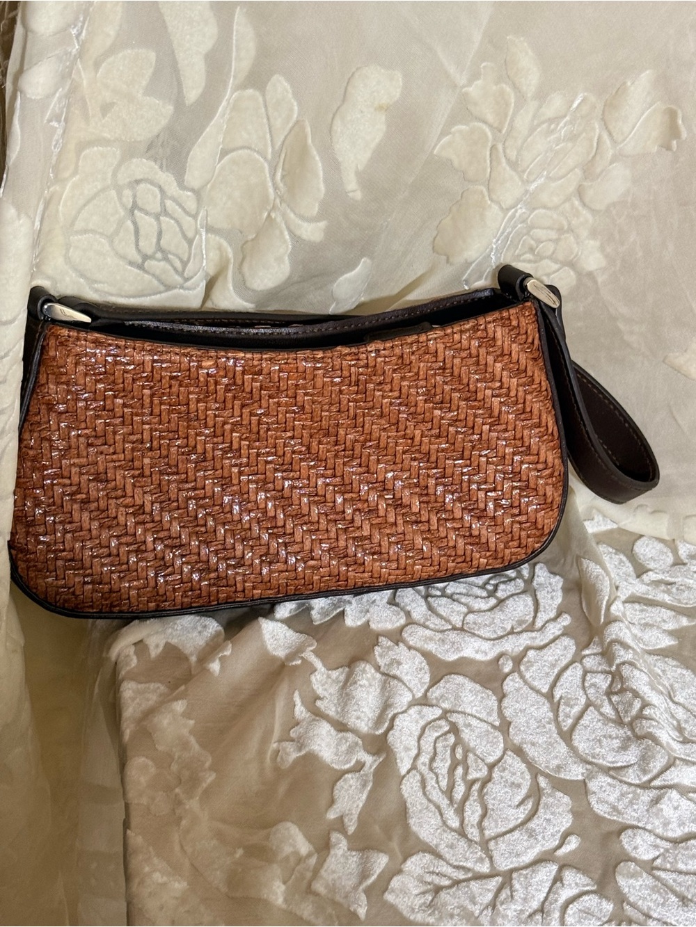 Woven Baguette Shoulder Bag in Cognac Brown with Tropical Lining